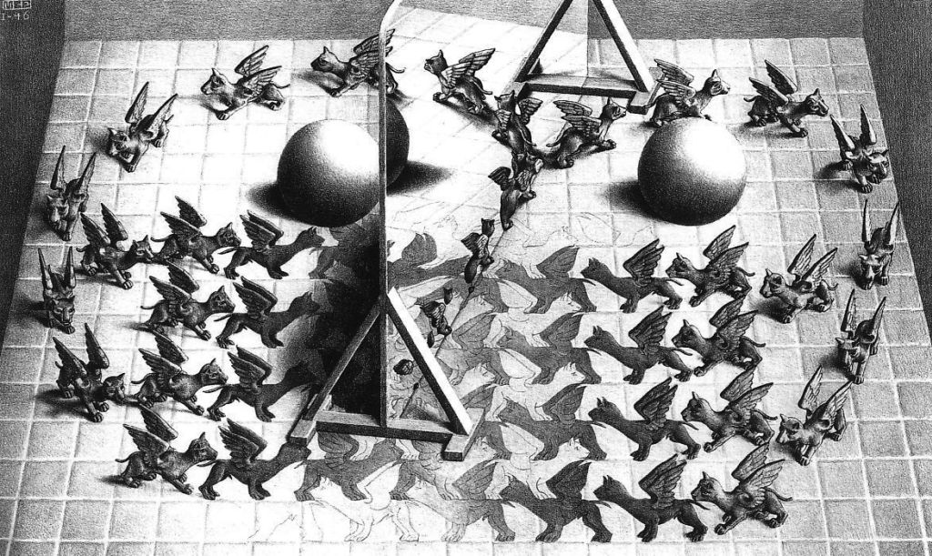 L'obra d'Escher és molt apreciada pels científics, en especial pels matemàtics i els geòmetres, a causa de l'ús magistral de políedres i distorsions geomètriques. Font: Cesar Ojeda (Flickr)./-15