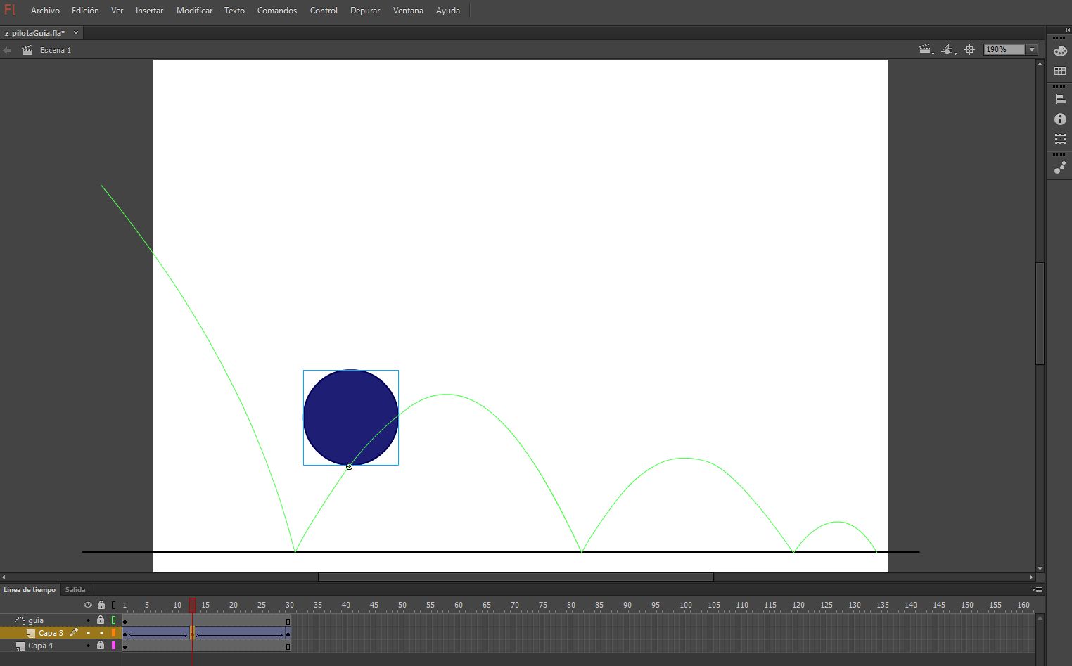 Captura de pantalla d'una escena d'animació 2D interpolada i amb trajectòria de moviment feta amb el programa Flash. .