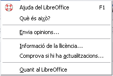 Opcions del menú Ajuda Opcions del menú Ajuda