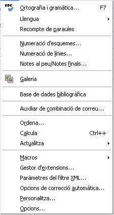 Opcions del menú Eines Opcions del menú Eines