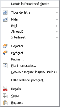 Opcions de format al menú contextual Opcions de format al menú contextual