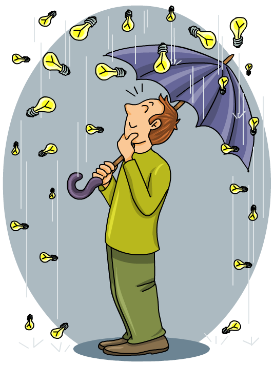 Una persona sota una pluja de bombetes (idees).
