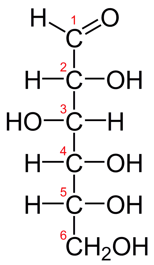 Estructura de la glucosa, un glúcid (font: Wikimedia)/50