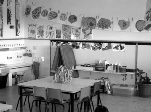 Racó d'expressió plàstica. Aula de P3, Escola Parc del Guinardó, Barcelona