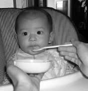 Un bebè menjant un purè.