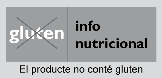 Etiqueta amb els textos "Gluten" (tatxat), "Info nutricional" i "El producte no conté gluten".