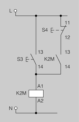 Es podria fer un circuit de realimentació amb predomini a l'activació connectant el polsador NC en sèrie amb el contacte auxiliar d'enclavament.
