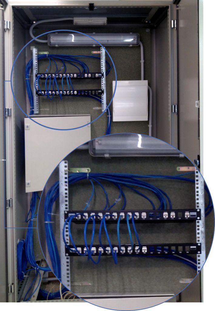 Registre principal de parells trenats en l'interior d'un RITI des d'on surten els cables de la xarxa de distribució cap als habitatges de cada planta. .