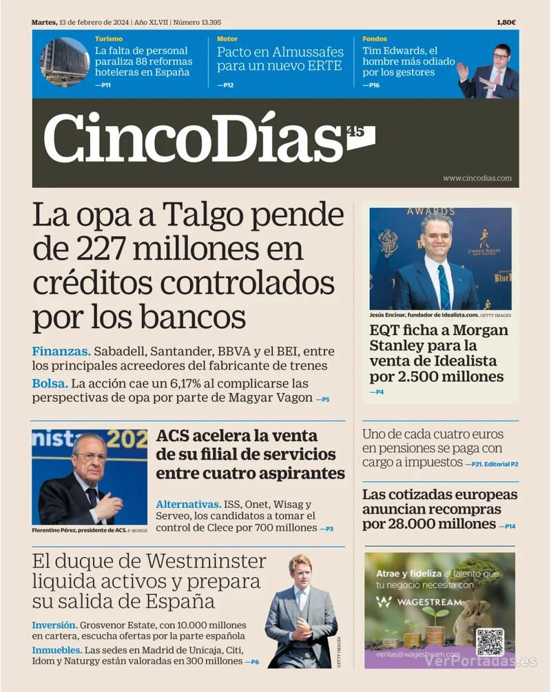 Imatge de la portada del diari econòmic 'Cinco Días'. Portada amb el titular principal a dues columnes de tres i altres notícies a una columna.