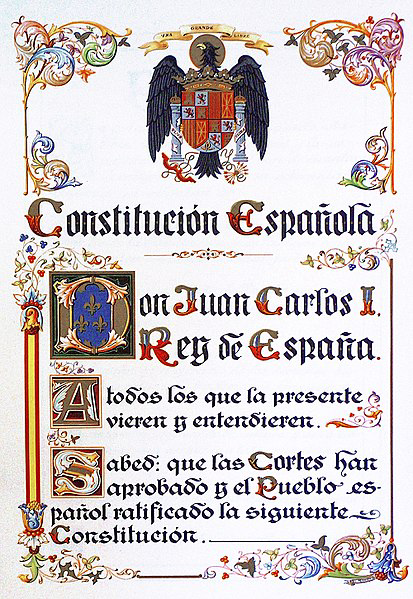 L'actual Constitució espanyola (Carta Magna) va ser aprovada per les Corts generals el 31 d'octubre de 1978 i ratificada en referèndum pels ciutadans de l'Estat el 6 de desembre del mateix any./-20
