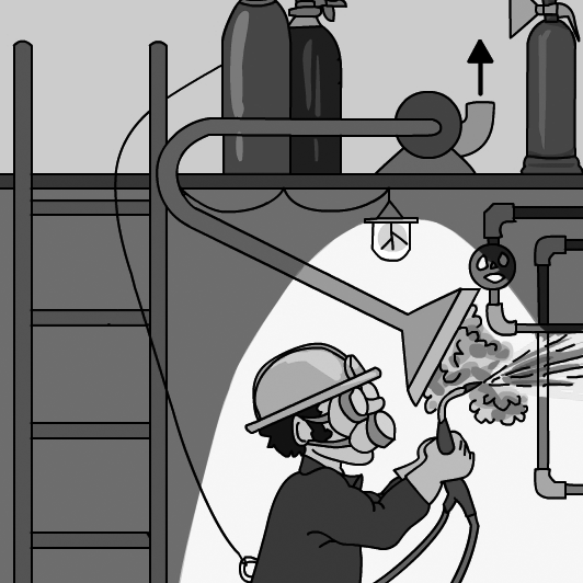 Extracció localitzada en la soldadura per evitar possibles incendis. Unhome soldant amb un sistema d'aspiració directament sobre la soldadura.