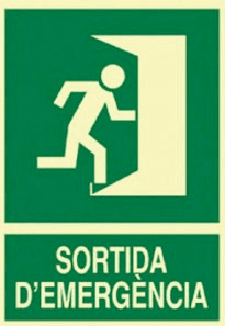Senyal informatiu amb la silueta d'una persona travessant una porta oberta, en blanc sobre fons verd, i el text "Sortida d'emergència".