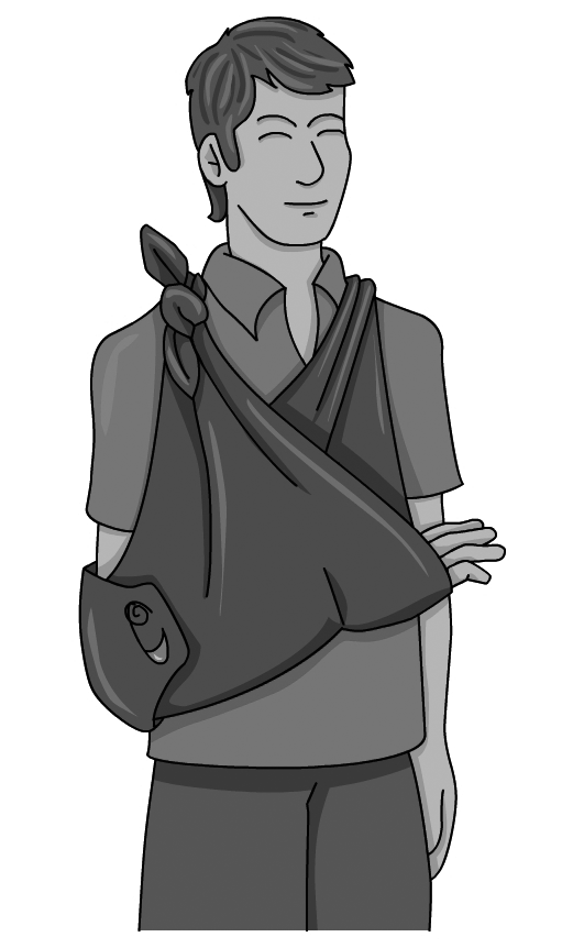 Persona amb el braç en cabestrell, fet amb un mocador de coll gran.