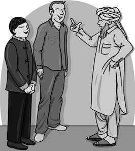 Tres persones de races i creències diferents xarren relaxadament.