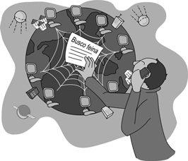 Un home posa simbòlicament una anunci de buscar feina en una teranyina plena d'ordinadors.