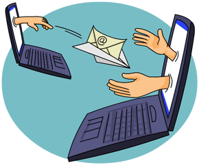 Els missatges de correu volen figuradament per Internet entre els ordinadors.