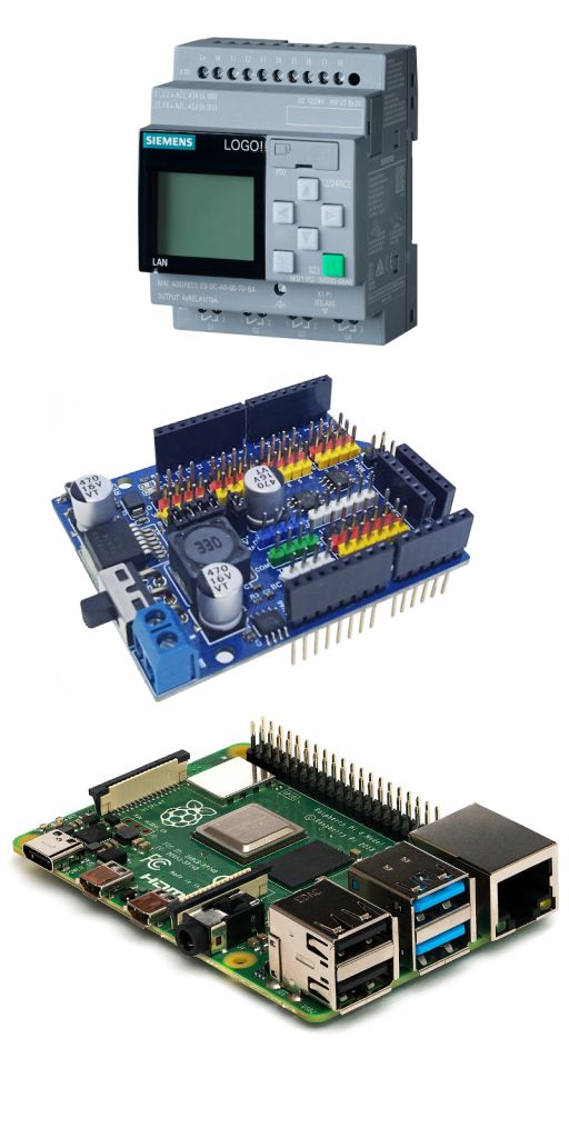 Dispositius habituals per al control de processos industrials: PLC (superior), Arduino (centre) i Raspberry Pi (inferior)./-30 Dispositius habituals per al control de processos industrials: PLC (superior), Arduino (centre) i Raspberry Pi (inferior)./-30