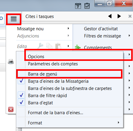 Activació de la barra de menú superior de Thunderbird/-60